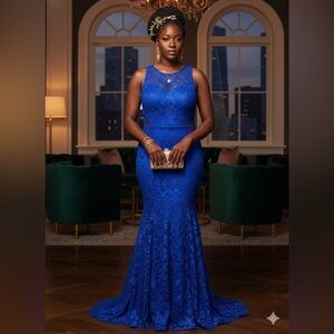 Cindy USA Royal Blue Floral Lace Mermaid Gown Formal Occasion Dress Size 2XL